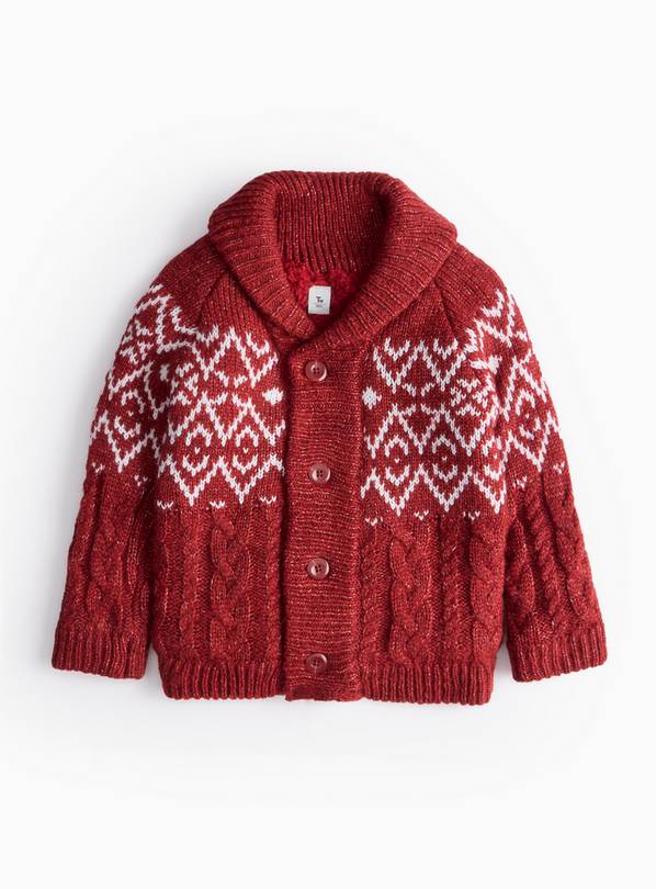 Red Fair Isle Borg-Lined Shawl Neck Cardigan  2-3 years